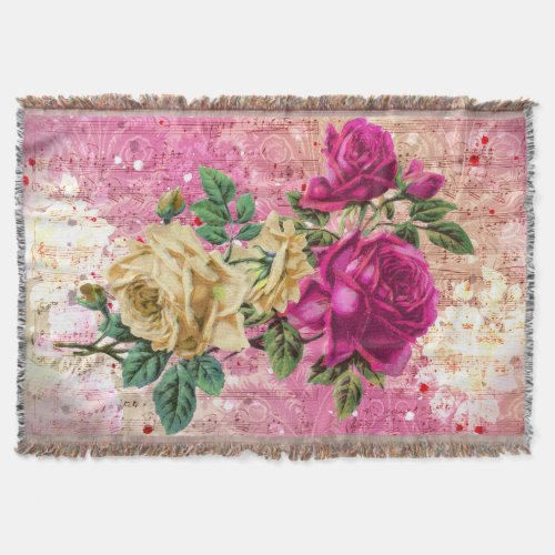 Vintage Roses Pink Cream Decoupage Tissue Paper Throw Blanket