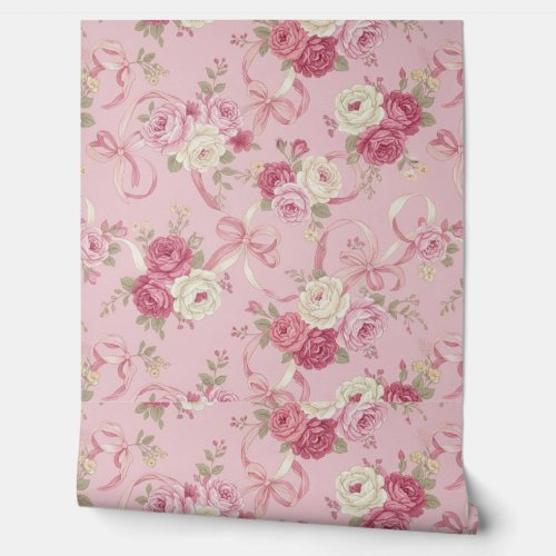 Vintage Roses & Ribbon Bows on Blush Pink Design Wallpaper