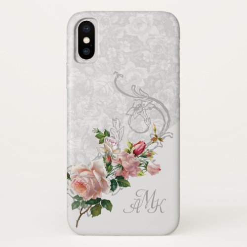 Vintage Roses Scroll and Monogram on Grey BG iPhone X Case