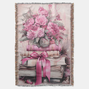 Vintage Roses Stacked Books Still Life Throw Blanket