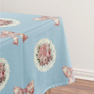 Vintage Roses Toile Bows Antique Blue Tablecloth