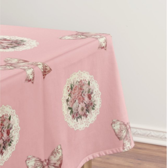 Vintage Roses Toile Bows Peachy Pink Tablecloth (English tea room perfect!)