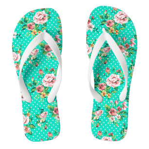 Vintage Roses White Polkadots Whimsical Pattern Flip Flops
