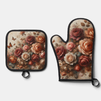 Vintage Roses with Butterflies Oven Mitt & Pot Holder Set