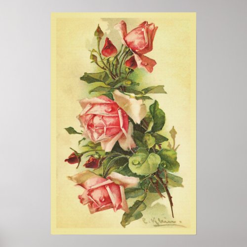 Vintage Roses with Dew Drops Poster