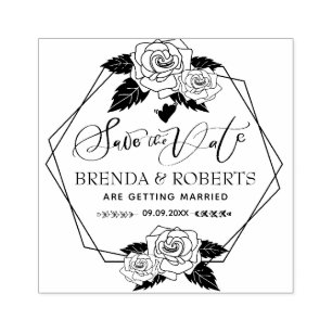 Vintage roses with modern frame Save The Date Rubber Stamp