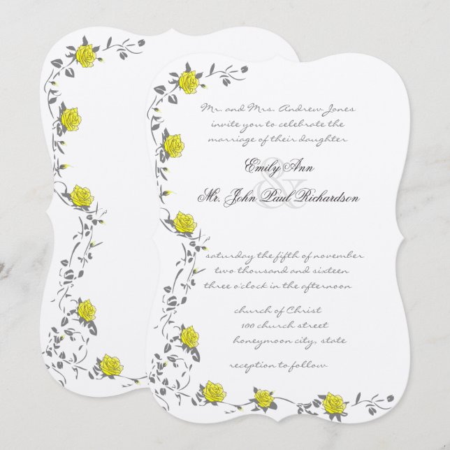 Vintage Roses Yellow and Gray Wedding  Invitation (Front/Back)