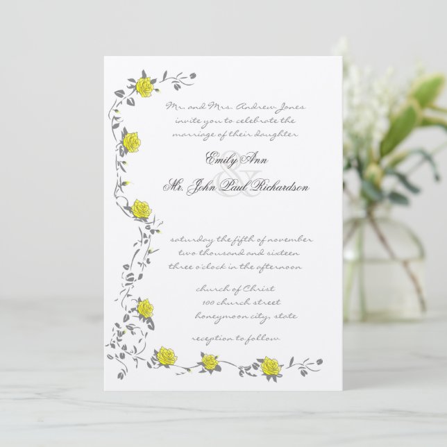 Vintage Roses Yellow and Gray Wedding Invite (Standing Front)