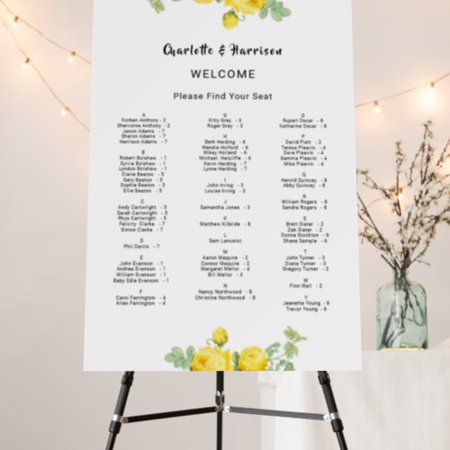 Vintage Roses Yellow Floral Alphabetical Seat Plan Foam Board