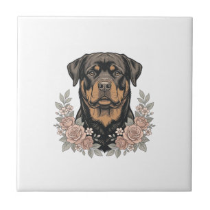 Vintage Rottweiler Floral Portrait Shirt Design_1 Ceramic Tile
