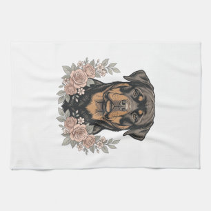 Vintage Rottweiler Floral Portrait Shirt Design_1 Kitchen Towel