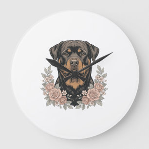 Vintage Rottweiler Floral Portrait Shirt Design_1 Large Clock