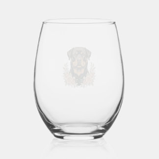 Vintage Rottweiler Floral Portrait Shirt Design_1 Stemless Wine Glass