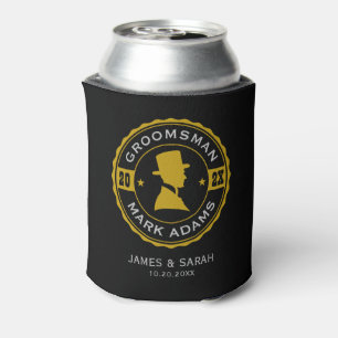 Vintage Round Badge Gentleman in Hat Groomsmen Can Cooler