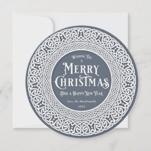 Vintage Round Blue + Off White Celtic Holiday Card