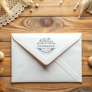 Vintage Round Floral Family Name Return Address Rubber Stamp