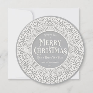 Vintage Round Gray + Off White Celtic Holiday Card
