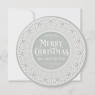 Vintage Round GrayGreen + Off White Celtic Holiday Card