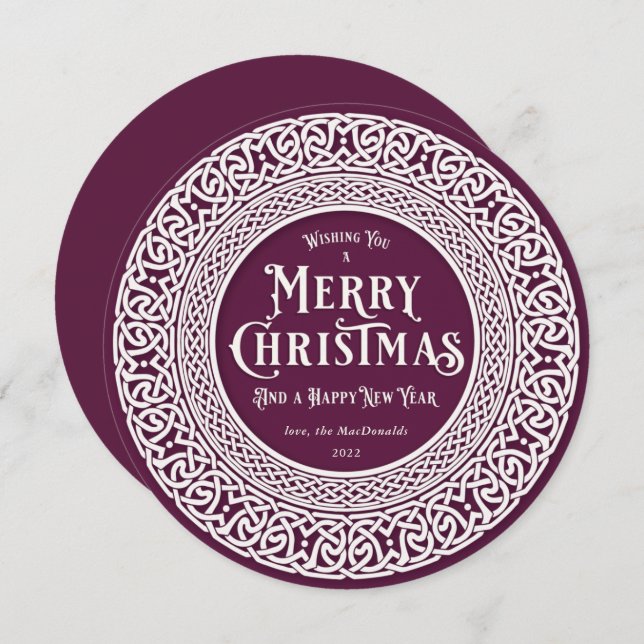 Vintage Round Plum + Off White Celtic Holiday Card (Front/Back)