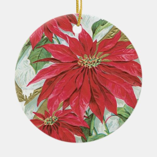 Vintage Round  Poinsettia Ceramic Ornament