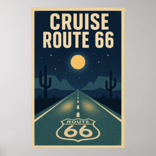 Vintage Route 66 Desert Highway Midnight Cruise Poster