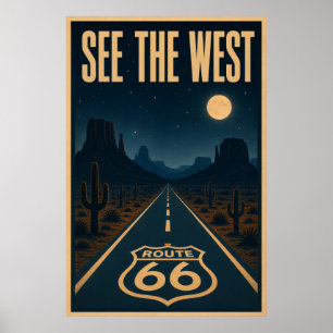 Vintage Route 66 Desert Highway Night Landscape Poster