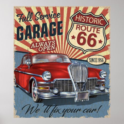 Vintage Route 66 Garage retro poster with retro ca