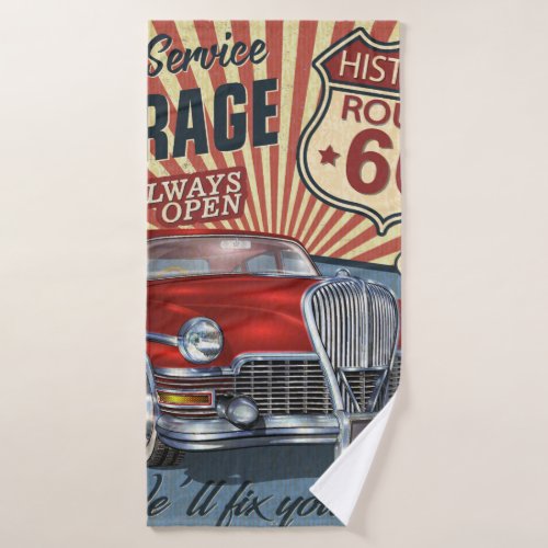 Vintage Route 66 Garage retro poster with retro ca Bath Towel