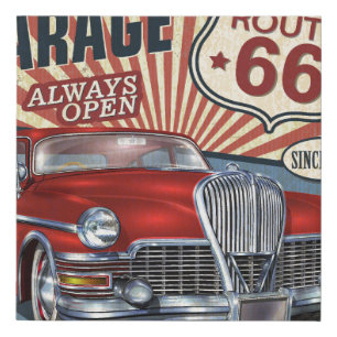 Vintage Route 66 Garage retro poster with retro ca Faux Canvas Print