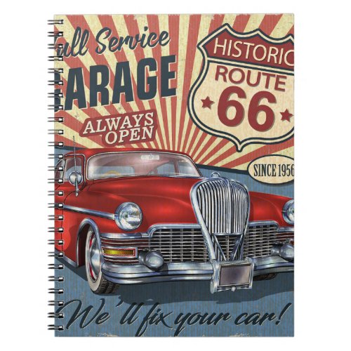 Vintage Route 66 Garage retro poster with retro ca Notebook