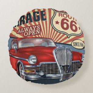 Vintage Route 66 Garage retro poster with retro ca Round Pillow