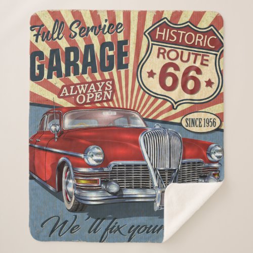 Vintage Route 66 Garage retro poster with retro ca Sherpa Blanket