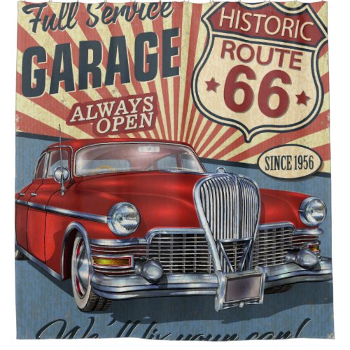 Vintage Route 66 Garage retro poster with retro ca Shower Curtain