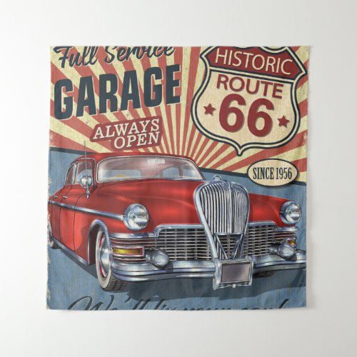 Vintage Route 66 Garage retro poster with retro ca Tapestry