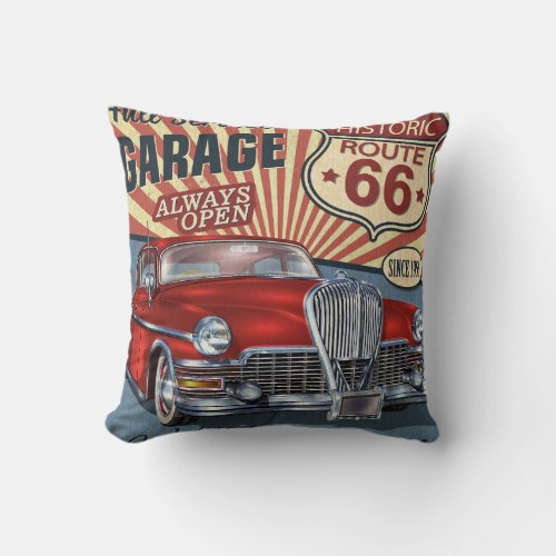 Vintage Route 66 Garage retro poster with retro ca Throw Pillow