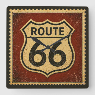 Vintage Route 66 Highway Shield Stamp Americana Square Wall Clock