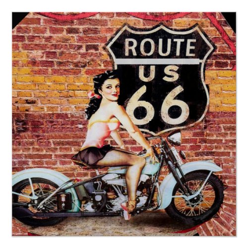 Vintage Route 66 Lady on Motorcycle Poster