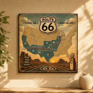 Vintage Route 66 Map Gas Pump Landscape Poster