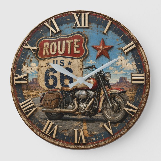 Vintage Route 66 Motorcycle Large Clock (Front)