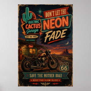 Vintage Route 66 Neon Garage Motorcycle Americana Poster