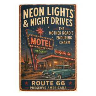 Vintage Route 66 Neon Motel Night Drive Metal Print
