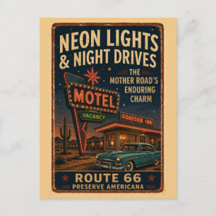 Vintage Route 66 Neon Motel Night Drive Postcard