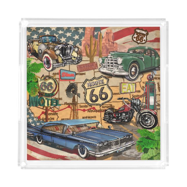 Vintage Route 66, nostalgic poster. Acrylic Tray (Front)