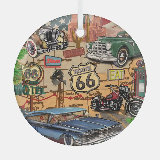 Vintage Route 66, nostalgic poster. Glass Ornament (Front)