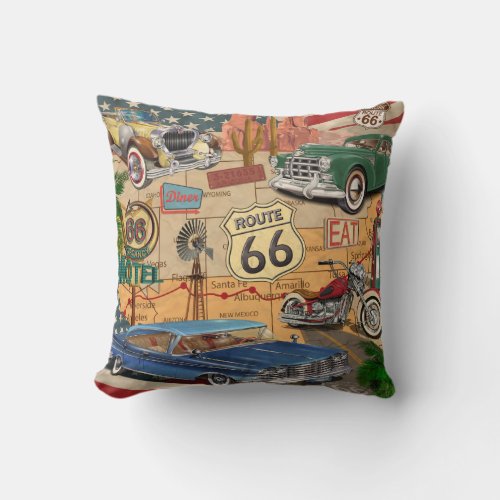 Vintage Route 66 poster Throw Pillow