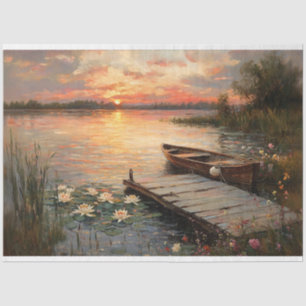 Vintage Rowboat at Sunset Lake Decoupage Tissue Paper