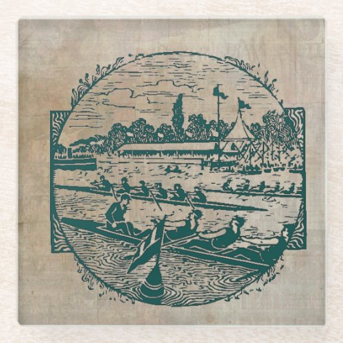 Vintage Rowing Scene Glass Coaster