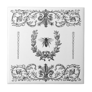 Vintage Royal Bee Wreath Fleur de Lis Scroll Tile