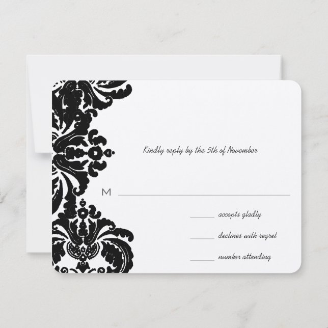 Vintage Royal Black Damask Wedding RSVP Card (Back)