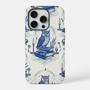 Vintage Royal Blue and Ivory Dark Academia Owl iPhone 15 Pro Case